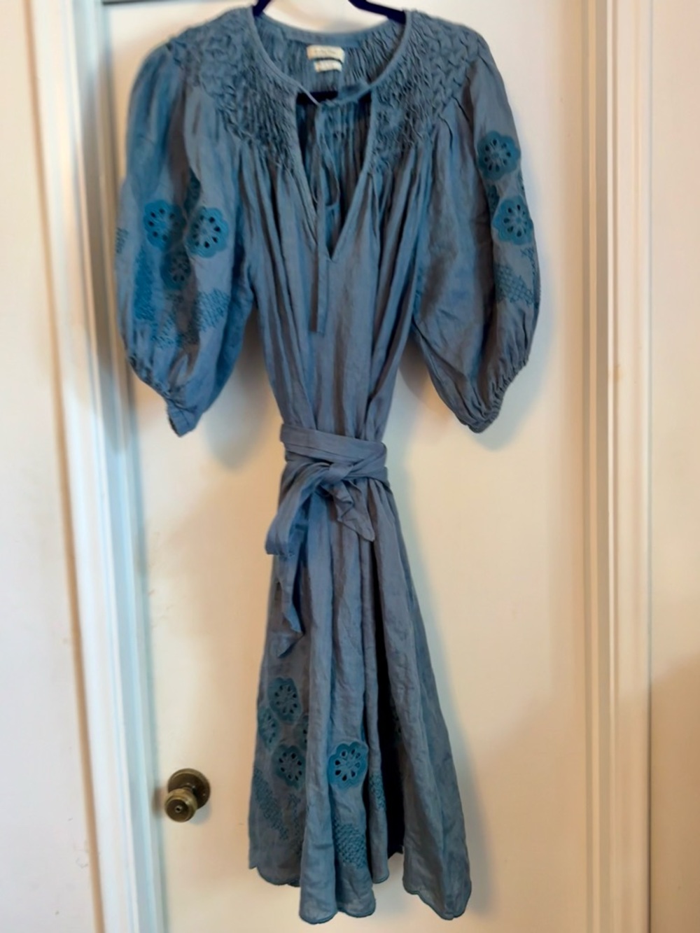 Blue Embroidered Midi Dress with Tie Waist